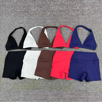 Deep V Bra Gym Halter Yoga Set Women's Breathable Sportswear Outfit Workout Fitness Shorts Active Wear for Female NNOS