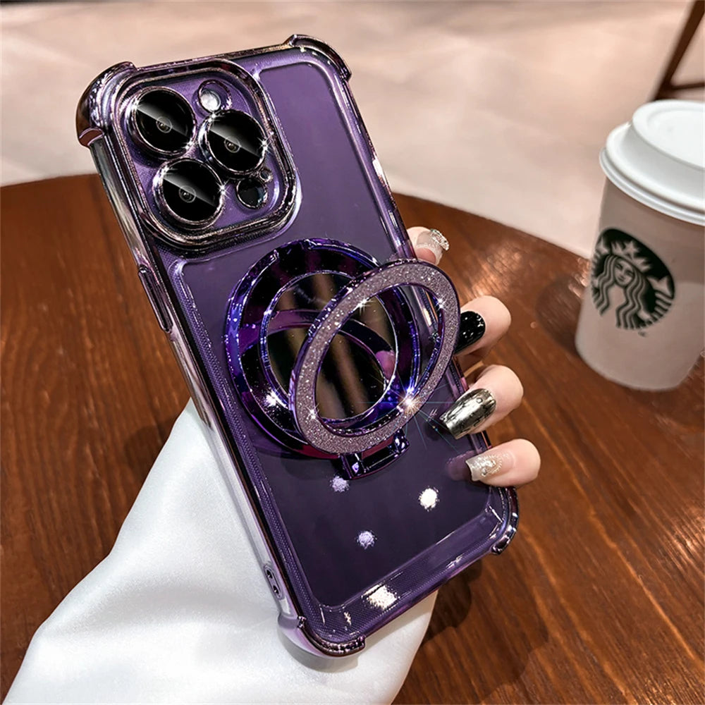 Premium Glitter Makeup Mirror with MagSafe Magnetic Bracket Case for  11, 12, 13, 14, 15, 16 Pro Max and XS - Plated Holder Cover