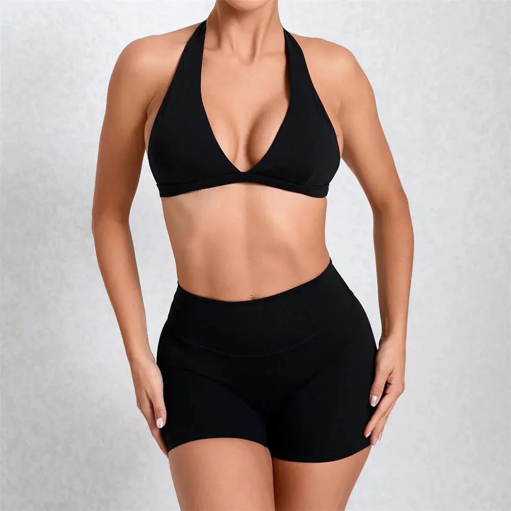Deep V Bra Gym Halter Yoga Set Women's Breathable Sportswear Outfit Workout Fitness Shorts Active Wear for Female NNOS