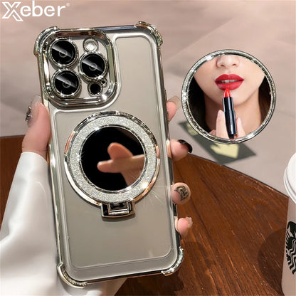 Premium Glitter Makeup Mirror with MagSafe Magnetic Bracket Case for  11, 12, 13, 14, 15, 16 Pro Max and XS - Plated Holder Cover