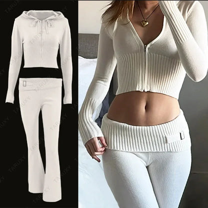 Casual Zipper Sweater Hoodie Set for Women High Waist Flare Pants Pink Knitted Y2k Two Piece Outfit Short Length Eye Catching