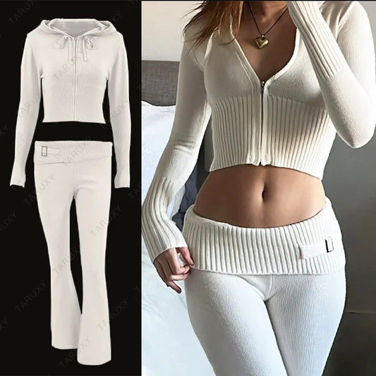 Casual Zipper Sweater Hoodie Set for Women High Waist Flare Pants Pink Knitted Y2k Two Piece Outfit Short Length Eye Catching