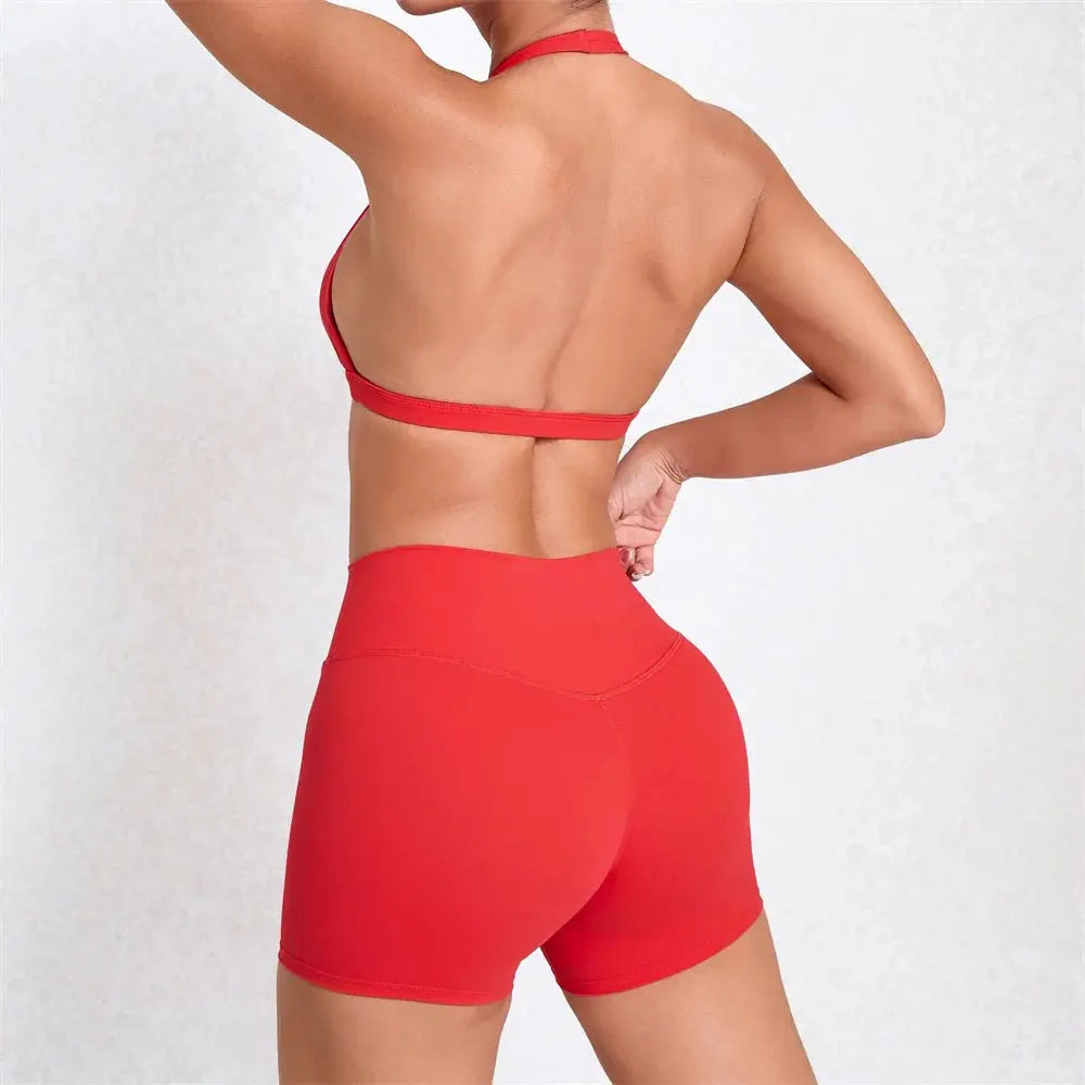 Deep V Bra Gym Halter Yoga Set Women's Breathable Sportswear Outfit Workout Fitness Shorts Active Wear for Female NNOS