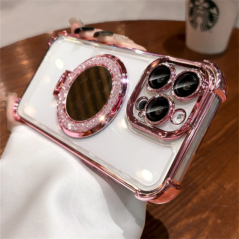 Premium Glitter Makeup Mirror with MagSafe Magnetic Bracket Case for  11, 12, 13, 14, 15, 16 Pro Max and XS - Plated Holder Cover