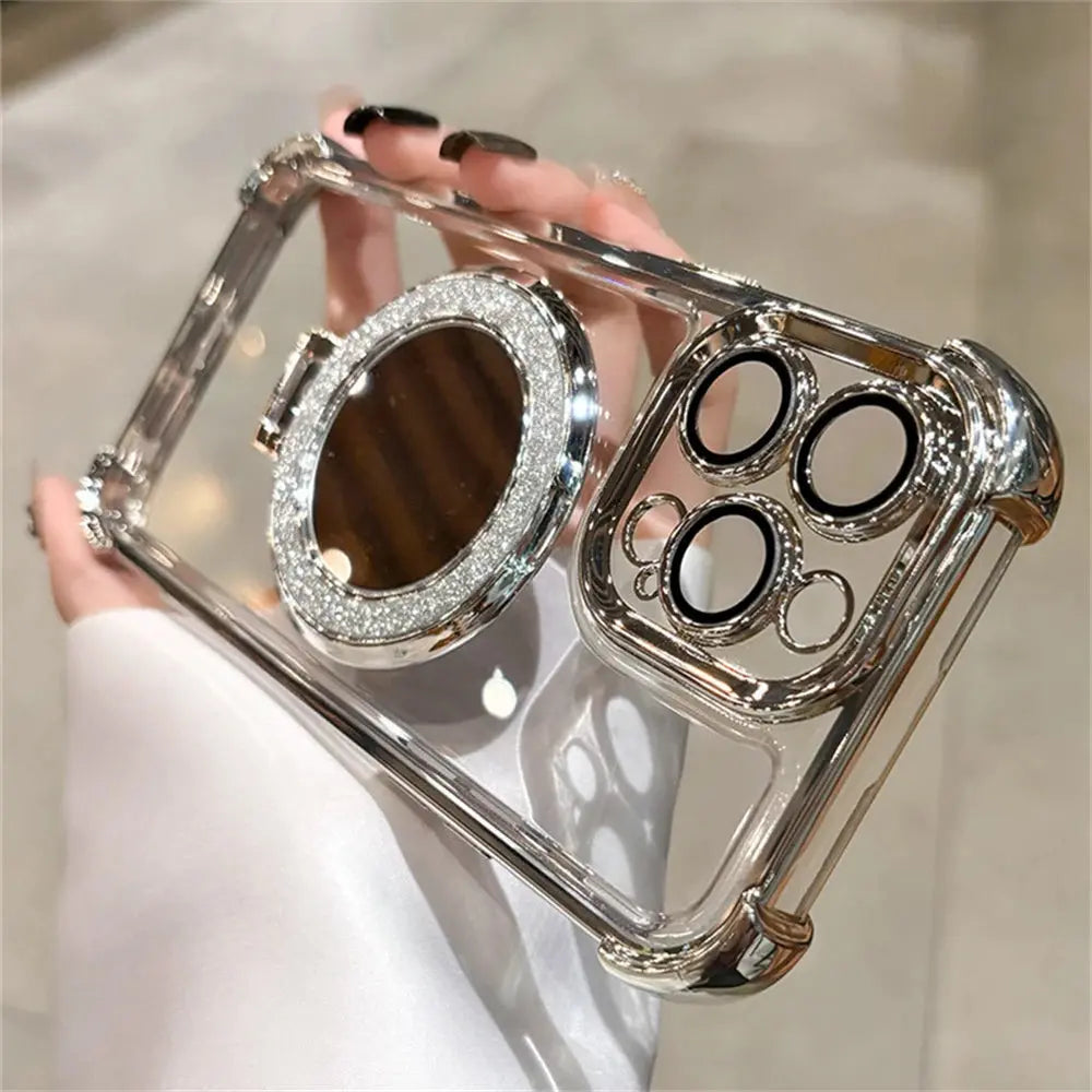 Luxury Glitter Makeup Mirror Case with MagSafe – Magnetic Stand & Plating Holder for iPhone 16/15/14/13/12/11 Pro Max & More NNOS