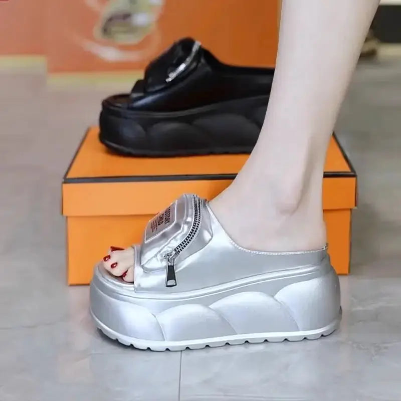 New platform mules slippers women's concise chunky slides shoes outdoor slippers woman silver zipper clogs ladies high slippers NNOS