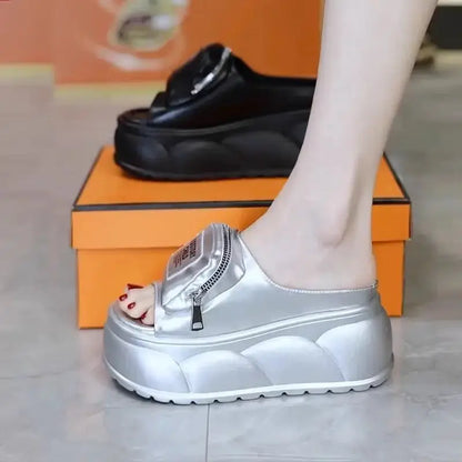 New platform mules slippers women's concise chunky slides shoes outdoor slippers woman silver zipper clogs ladies high slippers NNOS