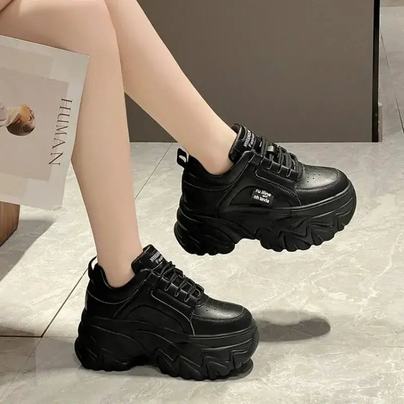 Trendy Women's Chunky Sneakers - Stylish White & Black Thick Bottom Dad Shoes for Autumn/Winter - High-Quality PU Leather Platform Footwear