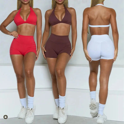 Deep V Bra Gym Halter Yoga Set Women's Breathable Sportswear Outfit Workout Fitness Shorts Active Wear for Female NNOS