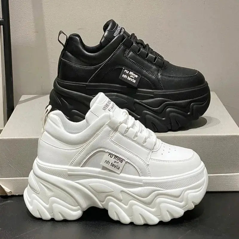 Trendy Women's Chunky Sneakers - Stylish White & Black Thick Bottom Dad Shoes for Autumn/Winter - High-Quality PU Leather Platform Footwear