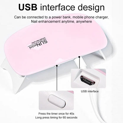 Portable 6W Mini Nail Dryer Machine with 6 LED UV Manicure Lamp for Home Use Dries Polish Varnish Quickly with USB Cable