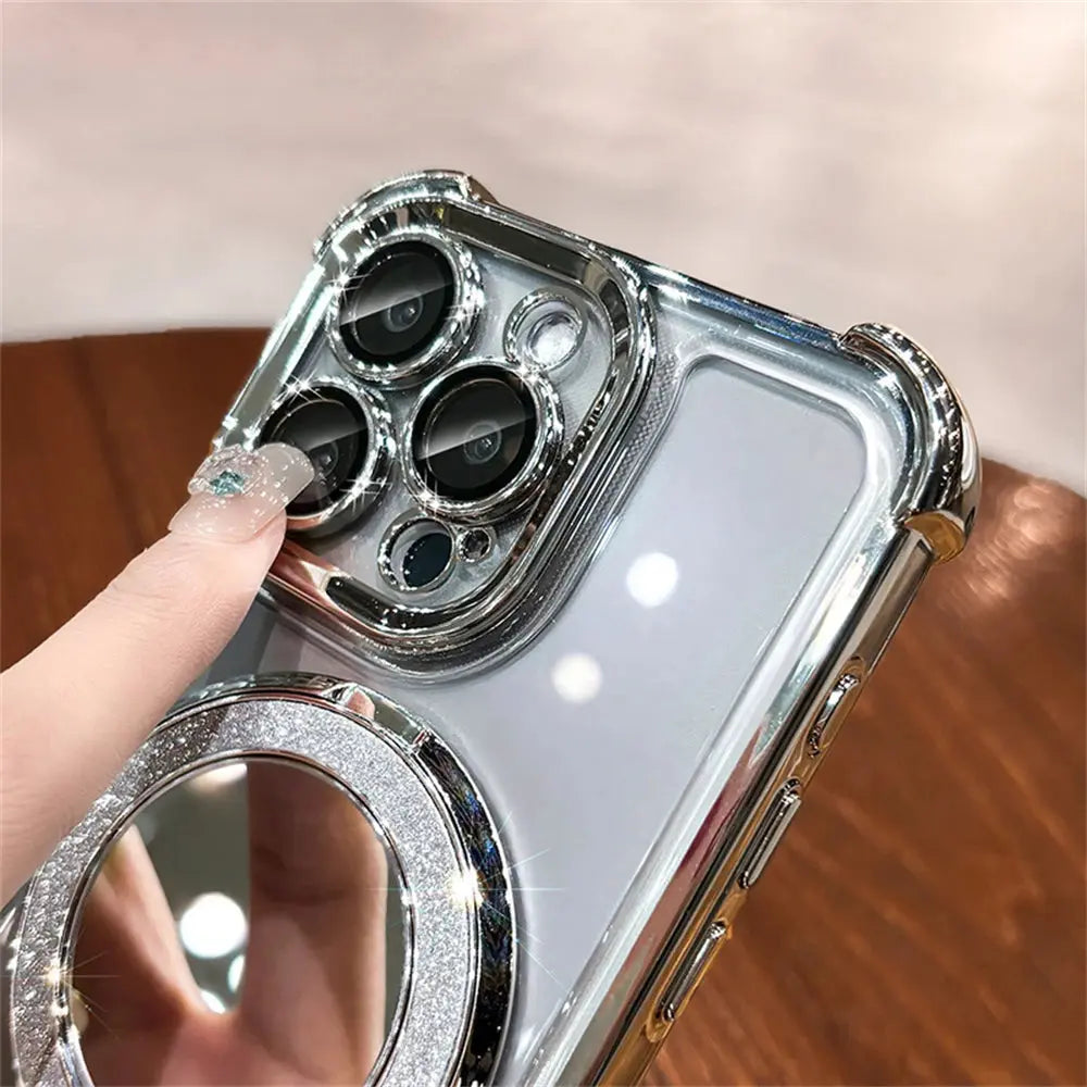 Luxury Glitter Makeup Mirror Case with MagSafe – Magnetic Stand & Plating Holder for iPhone 16/15/14/13/12/11 Pro Max & More NNOS