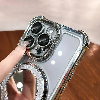Luxury Glitter Makeup Mirror Case with MagSafe – Magnetic Stand & Plating Holder for iPhone 16/15/14/13/12/11 Pro Max & More NNOS