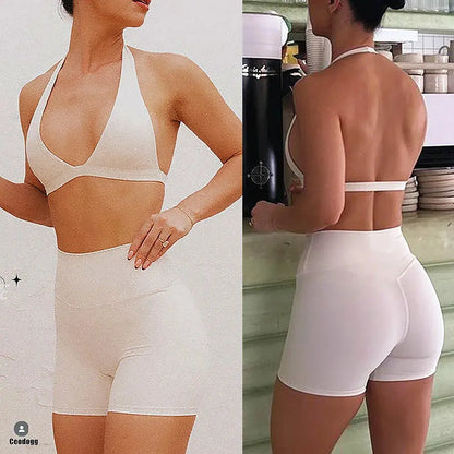 Deep V Bra Gym Halter Yoga Set Women's Breathable Sportswear Outfit Workout Fitness Shorts Active Wear for Female NNOS
