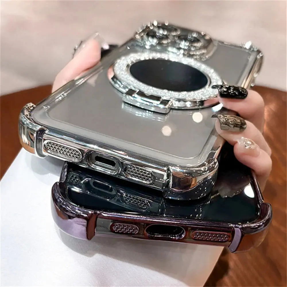 Luxury Glitter Makeup Mirror Case with MagSafe – Magnetic Stand & Plating Holder for iPhone 16/15/14/13/12/11 Pro Max & More NNOS