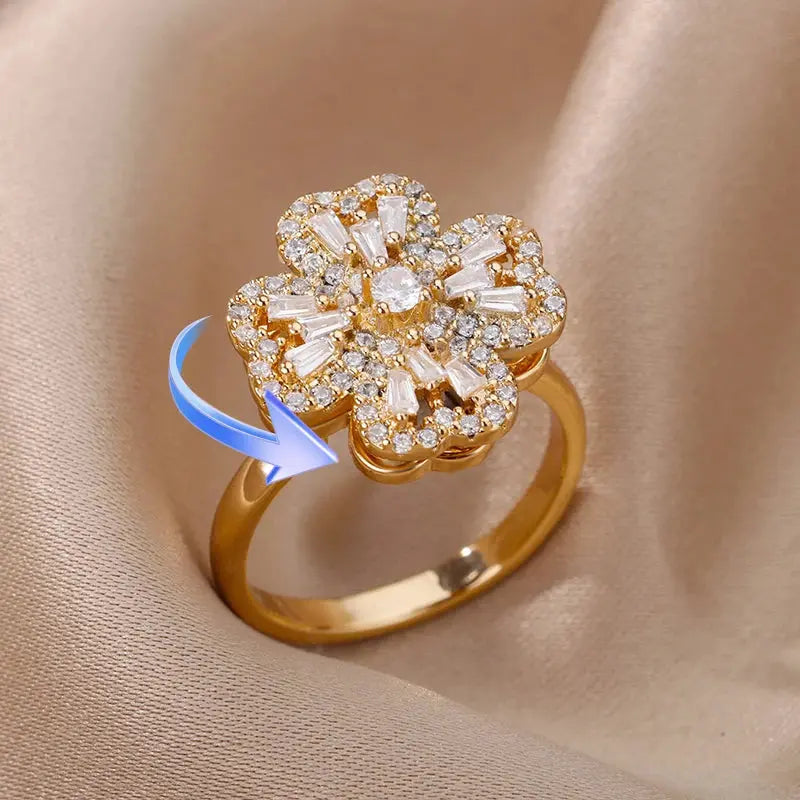 Four-Leaf Clover Rotating Anxiety Ring – Elegant Gold Stainless Steel Fidget Jewelry for Women NNOS