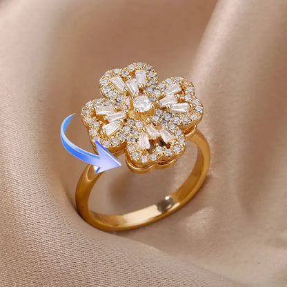 Four-Leaf Clover Rotating Anxiety Ring – Elegant Gold Stainless Steel Fidget Jewelry for Women NNOS