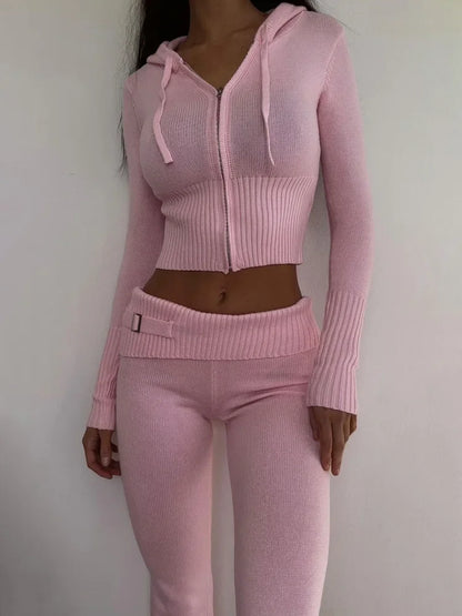 Casual Zipper Sweater Hoodie Set for Women High Waist Flare Pants Pink Knitted Y2k Two Piece Outfit Short Length Eye Catching