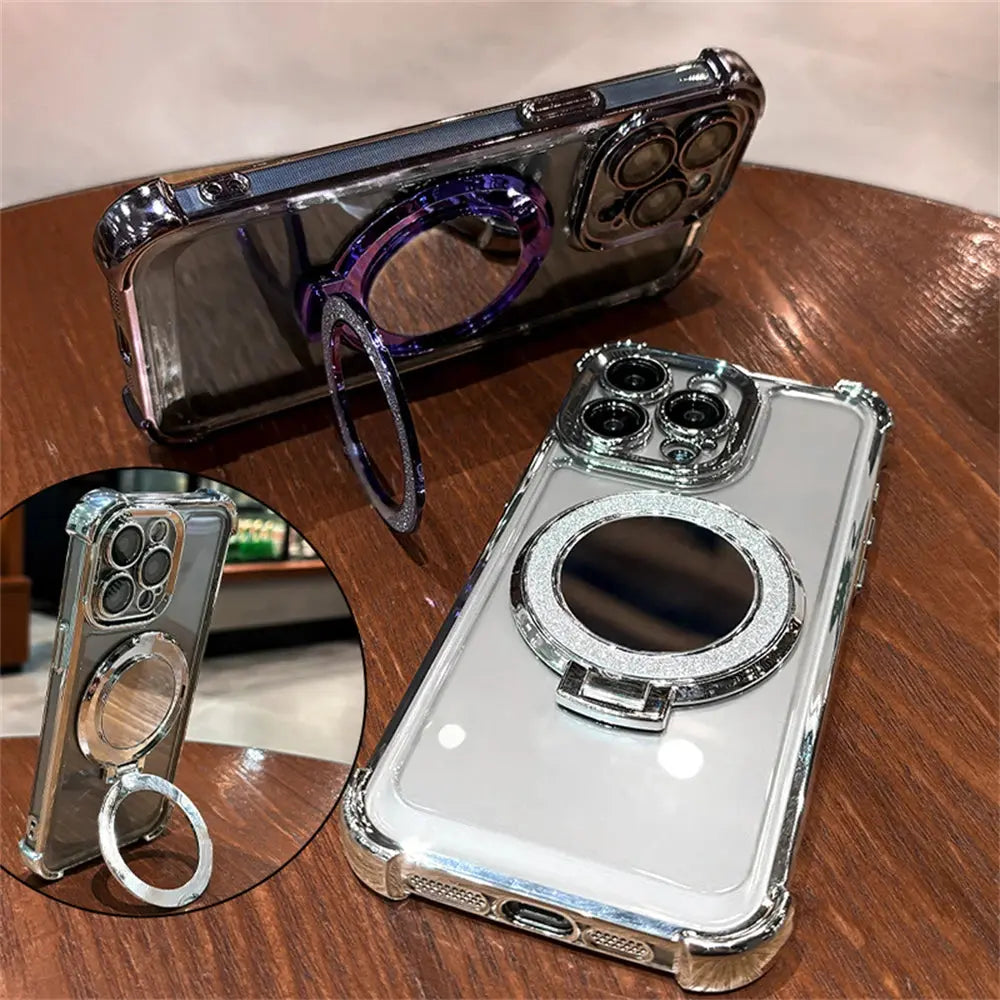Luxury Glitter Makeup Mirror Case with MagSafe – Magnetic Stand & Plating Holder for iPhone 16/15/14/13/12/11 Pro Max & More NNOS