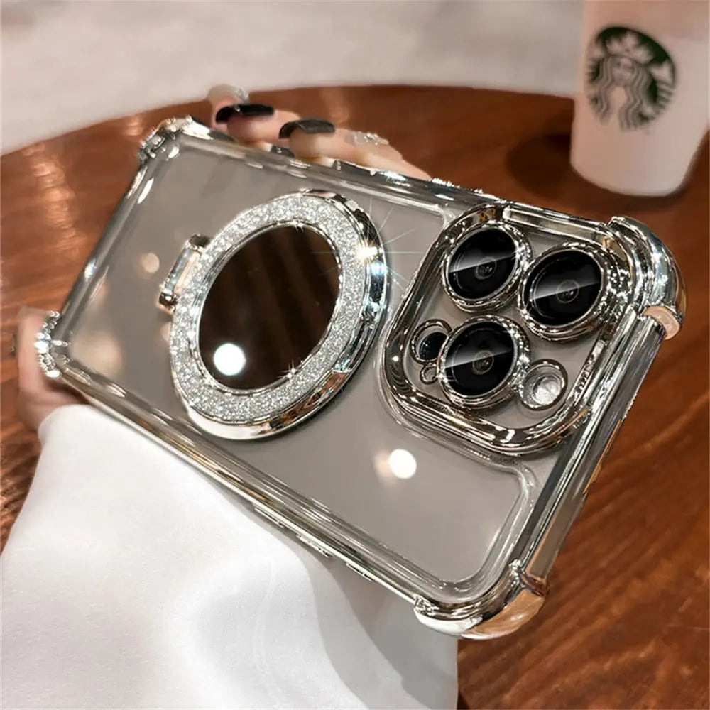 Luxury Glitter Makeup Mirror Case with MagSafe – Magnetic Stand & Plating Holder for iPhone 16/15/14/13/12/11 Pro Max & More NNOS