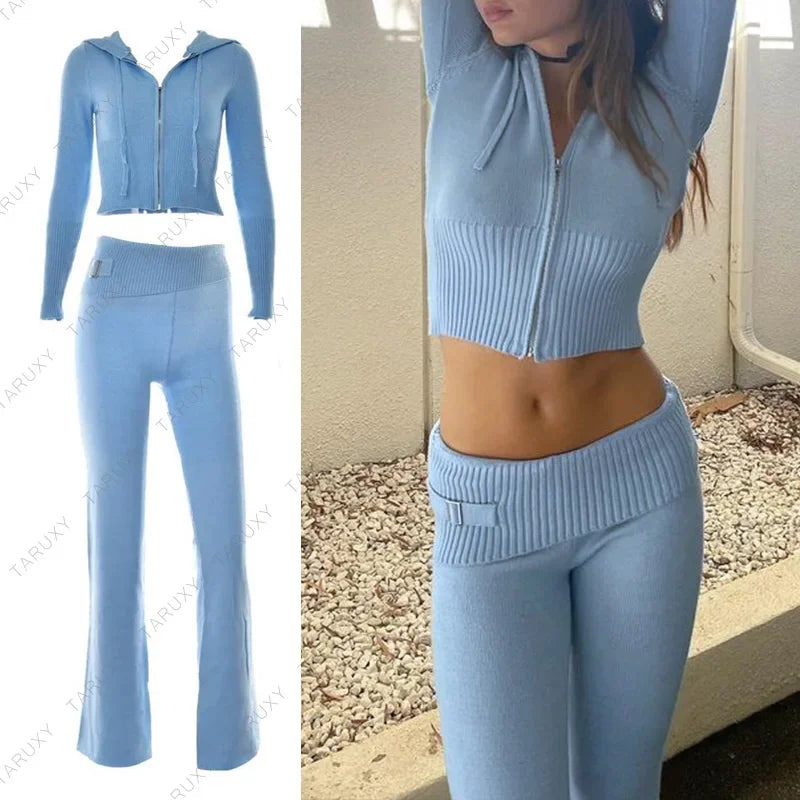 Casual Zipper Sweater Hoodie Set for Women High Waist Flare Pants Pink Knitted Y2k Two Piece Outfit Short Length Eye Catching