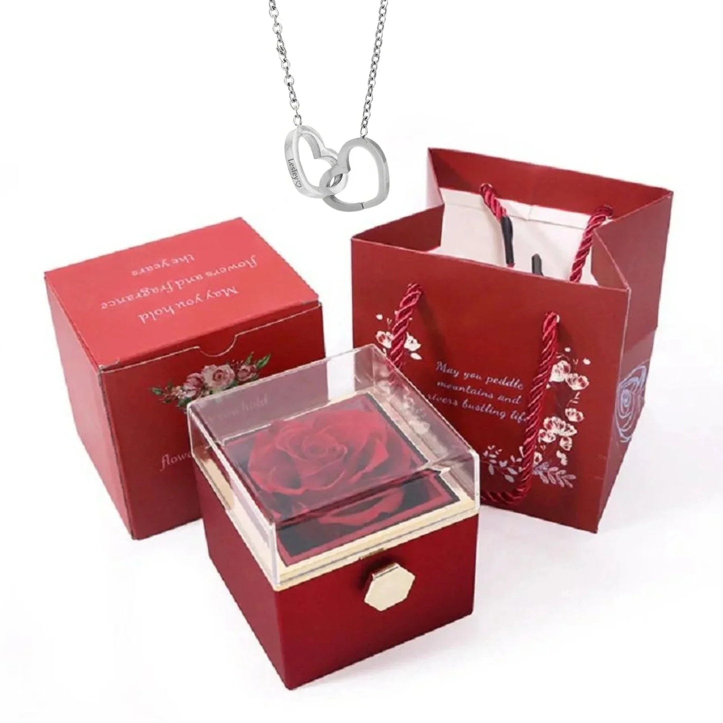 PolishedPlus Custom Names Heart Necklace Rotating Rose Box Pendant Chain Personalized Jewelry