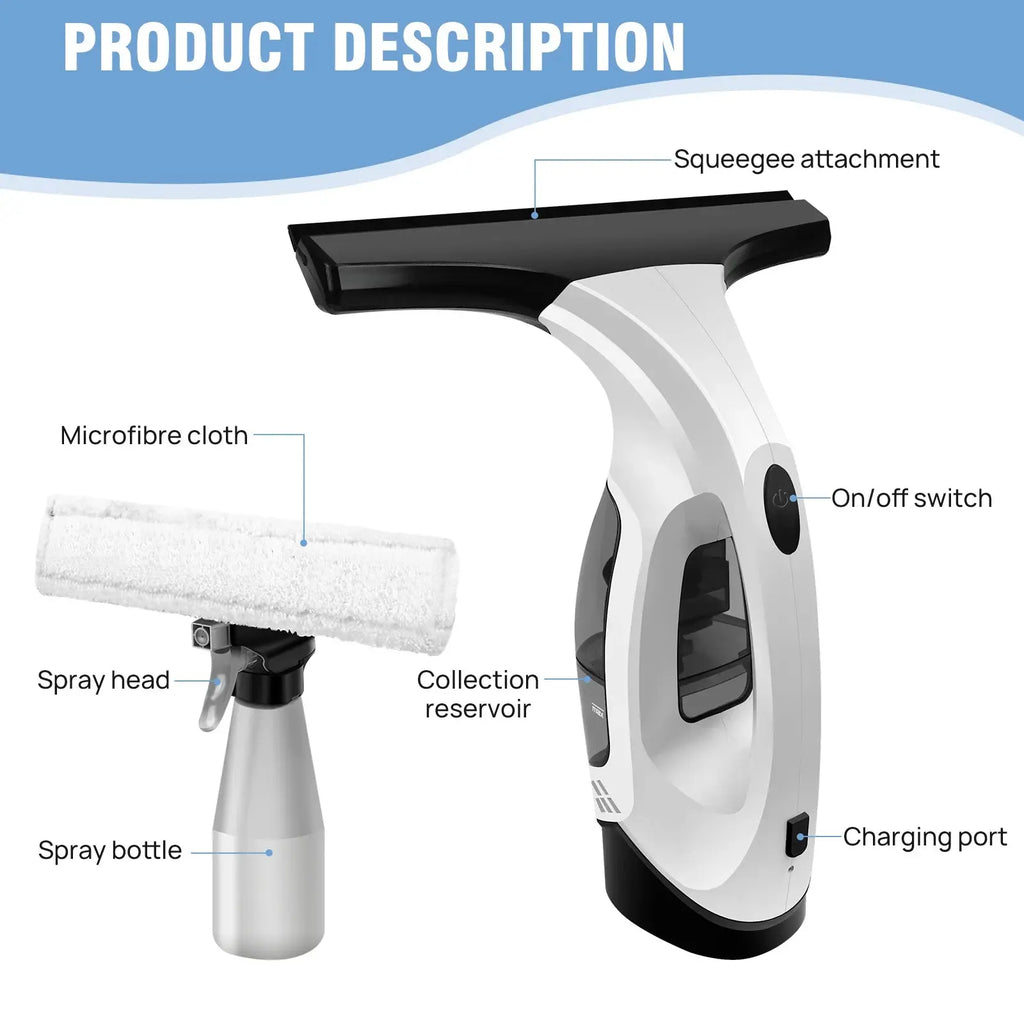 Cordless Window Vac Cleaner Rechargeable - 28cm Squeegee Element & 150ml Water Tank, Window Washer with 200ml Spray Bottle NNOS