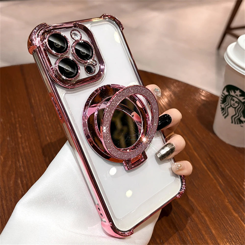 Premium Glitter Makeup Mirror with MagSafe Magnetic Bracket Case for  11, 12, 13, 14, 15, 16 Pro Max and XS - Plated Holder Cover