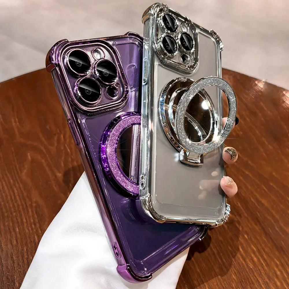 Luxury Glitter Makeup Mirror Case with MagSafe – Magnetic Stand & Plating Holder for iPhone 16/15/14/13/12/11 Pro Max & More NNOS
