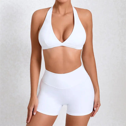 Deep V Bra Gym Halter Yoga Set Women's Breathable Sportswear Outfit Workout Fitness Shorts Active Wear for Female NNOS