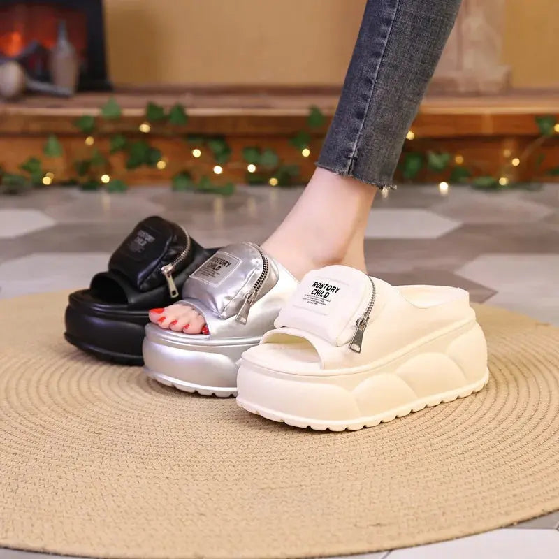 New platform mules slippers women's concise chunky slides shoes outdoor slippers woman silver zipper clogs ladies high slippers NNOS