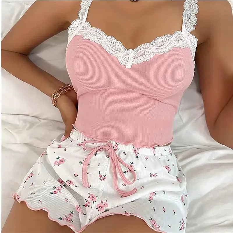 Women's Two-Piece Summer Ribbed Knitted Camisole and Bow Shorts Pajama Set with Floral Print and Lace Trim