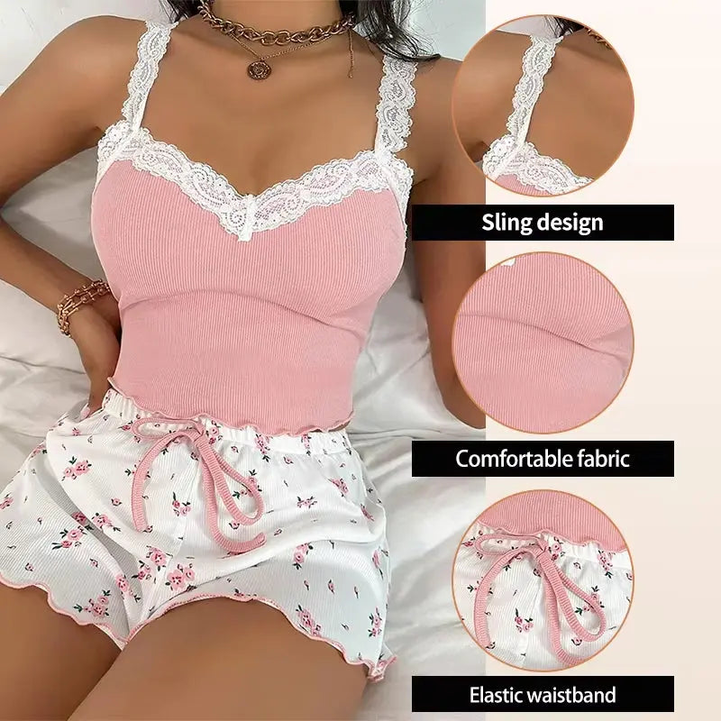 Women's Two-Piece Summer Ribbed Knitted Camisole and Bow Shorts Pajama Set with Floral Print and Lace Trim