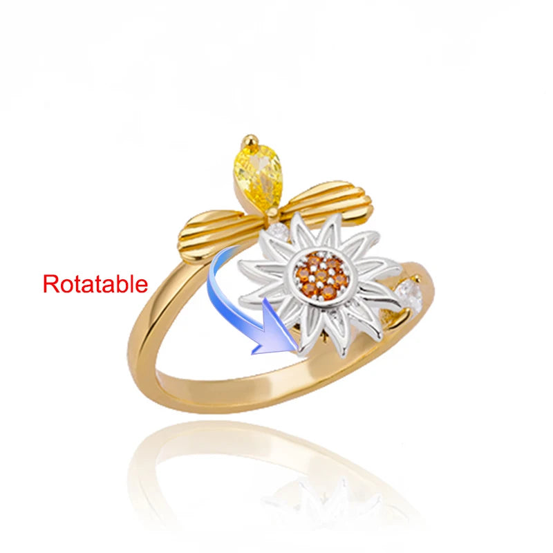 Elegant Adjustable Gold Stainless Steel Four Clover Rotating Anxiety Ring - Perfect Wedding Jewelry Gift for Women