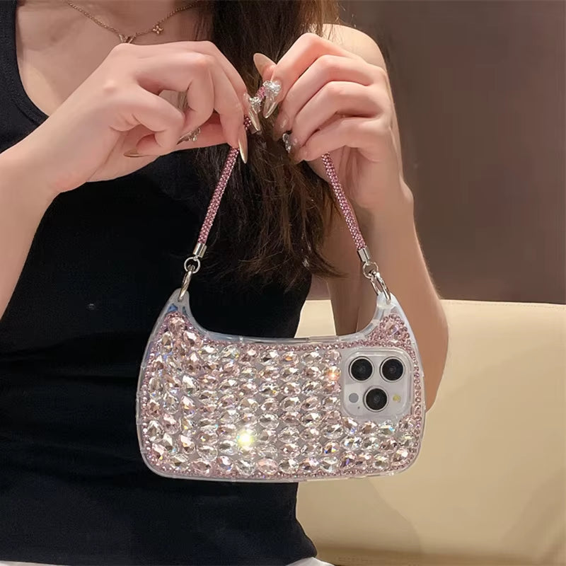 Glam Up Your Style: Rhinestone Handbag Phone Case for iPhone 16 Pro, 15 Pro Max, 14, 13 Pro Max & 12 - Perfect for Apple Lovers!