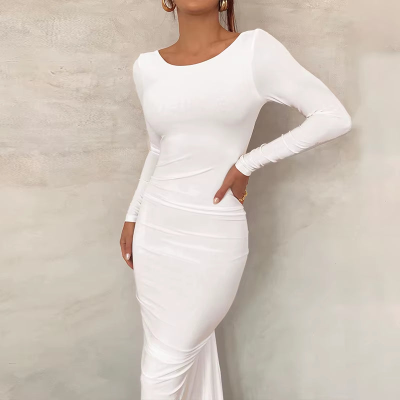 Sophisticated Open Back White Midi Dress with Long Sleeves - Perfect for Parties & Club Events, Dropshipping & Wholesale Available!