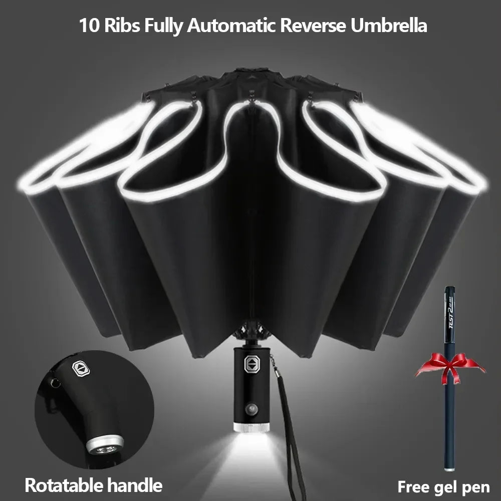 Stay dry and shine bright with our Fully Automatic Reverse Folding Umbrella! ☔️✨ Featuring a built-in LED flashlight, windproof 10-rib design, and UV protection for all weather! #UmbrellaGoals #RainOrShine