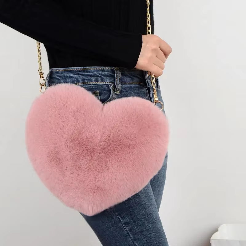 Faux Fur Heart-Shaped Crossbody Bag with Chain Shoulder Strap - Stylish Mini Purse for Women