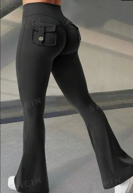 Yoga Fitness Flared Pants With Pockets Ins Fashion Slim High Waist Sports Trousers  Scrunch Butt Booty Workout Lifting Leggings NNOS