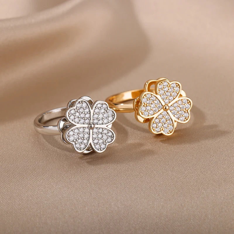 Elegant Adjustable Gold Stainless Steel Four Clover Rotating Anxiety Ring - Perfect Wedding Jewelry Gift for Women