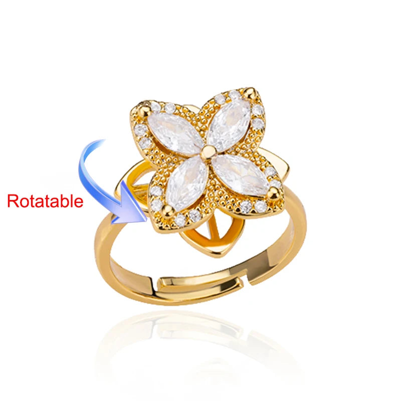 Elegant Adjustable Gold Stainless Steel Four Clover Rotating Anxiety Ring - Perfect Wedding Jewelry Gift for Women