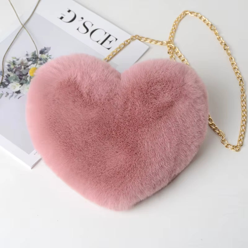 Faux Fur Heart-Shaped Crossbody Bag with Chain Shoulder Strap - Stylish Mini Purse for Women