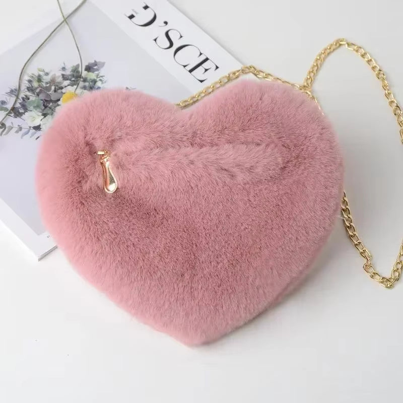 Faux Fur Heart-Shaped Crossbody Bag with Chain Shoulder Strap - Stylish Mini Purse for Women