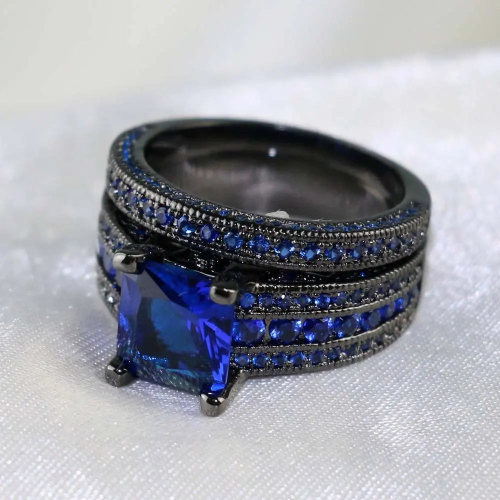 Couple's Romantic Blue Rhinestone Ring Set - Trendy Stainless Steel Fashion Jewelry for Men and Women, Perfect Gift for Lovers