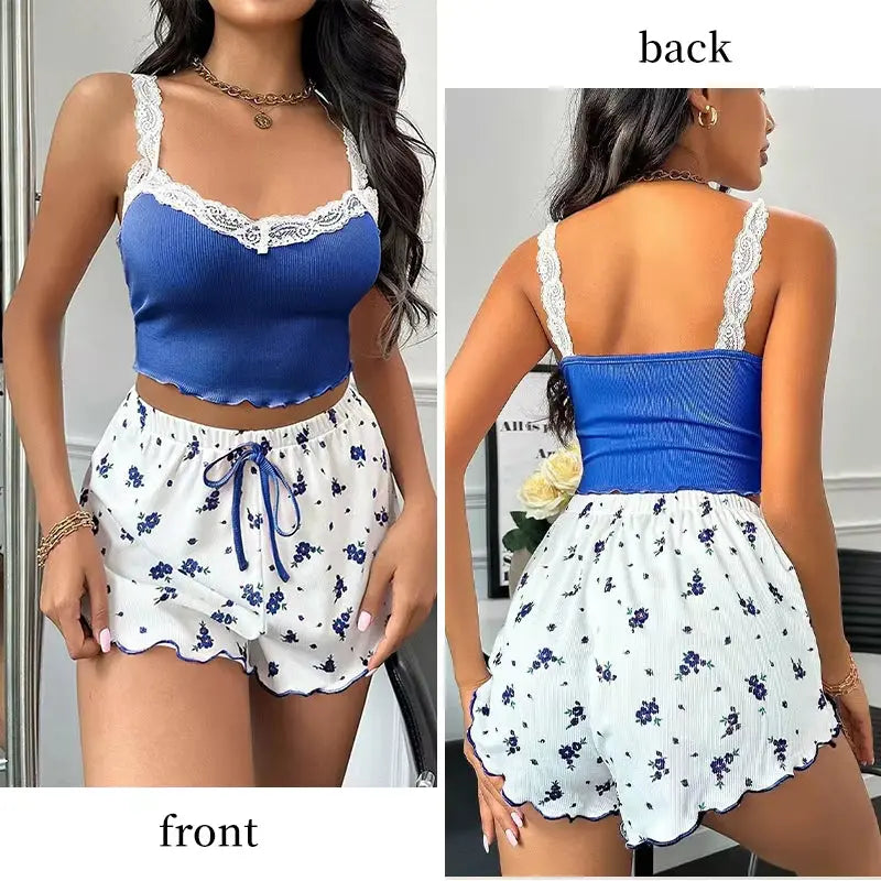 Women's Two-Piece Summer Ribbed Knitted Camisole and Bow Shorts Pajama Set with Floral Print and Lace Trim