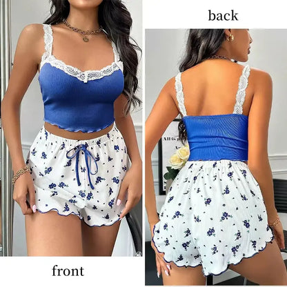 Women's Two-Piece Summer Ribbed Knitted Camisole and Bow Shorts Pajama Set with Floral Print and Lace Trim