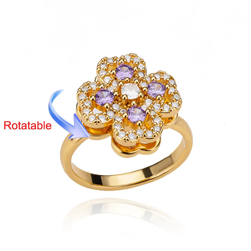 Elegant Adjustable Gold Stainless Steel Four Clover Rotating Anxiety Ring - Perfect Wedding Jewelry Gift for Women