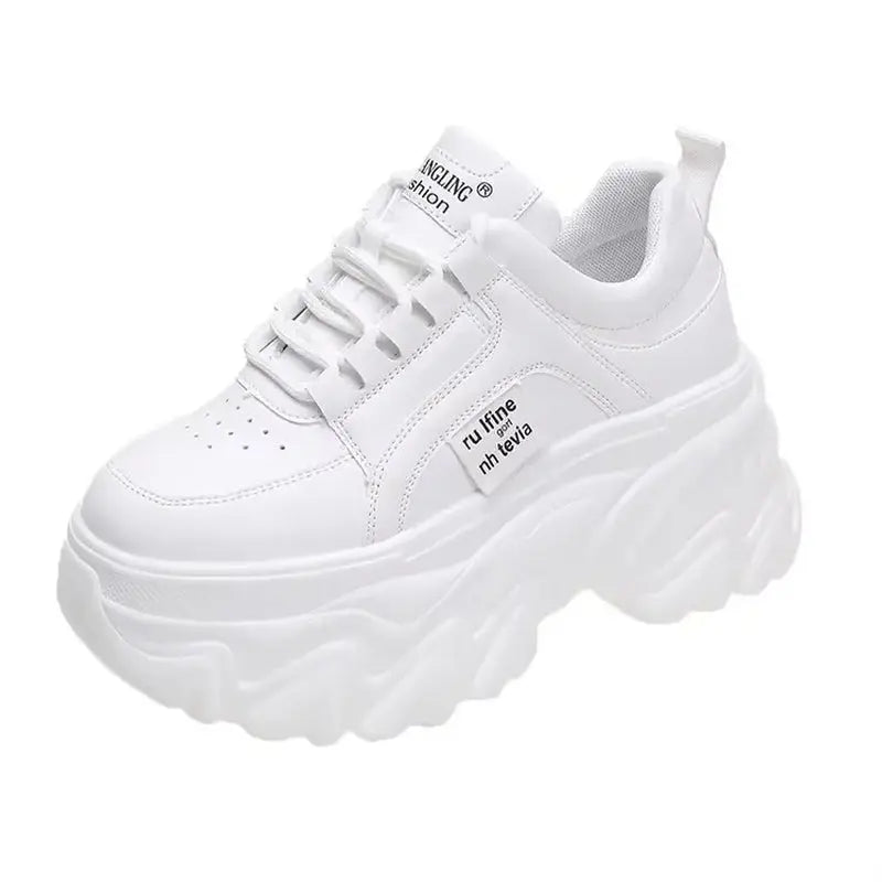 Trendy Women's Chunky Sneakers - Stylish White & Black Thick Bottom Dad Shoes for Autumn/Winter - High-Quality PU Leather Platform Footwear product image