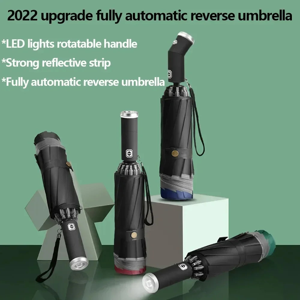 Stay dry and shine bright with our Fully Automatic Reverse Folding Umbrella! ☔️✨ Featuring a built-in LED flashlight, windproof 10-rib design, and UV protection for all weather! #UmbrellaGoals #RainOrShine