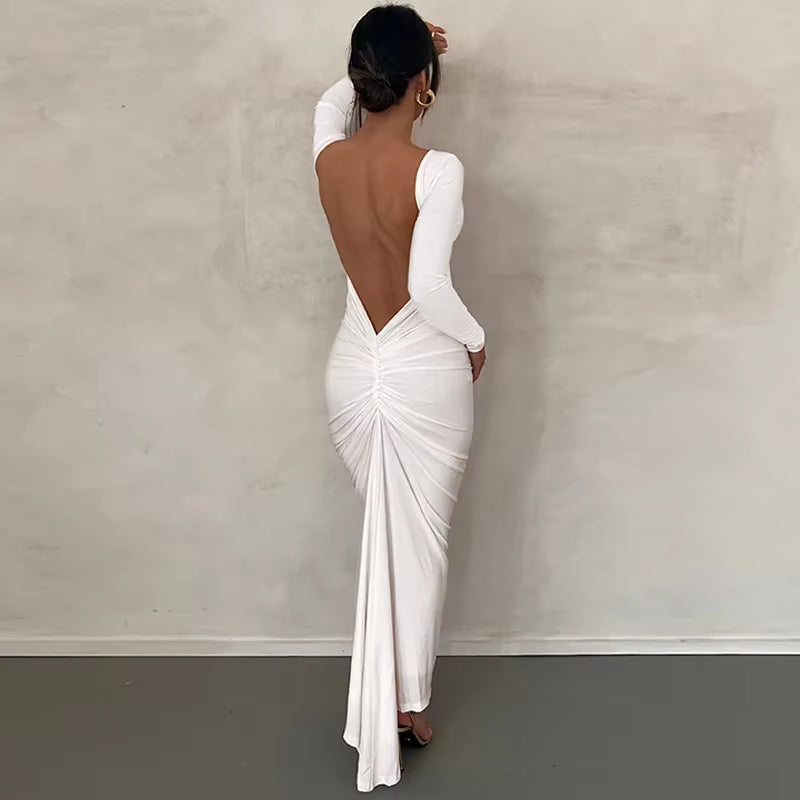 Sophisticated Open Back White Midi Dress with Long Sleeves - Perfect for Parties & Club Events, Dropshipping & Wholesale Available!